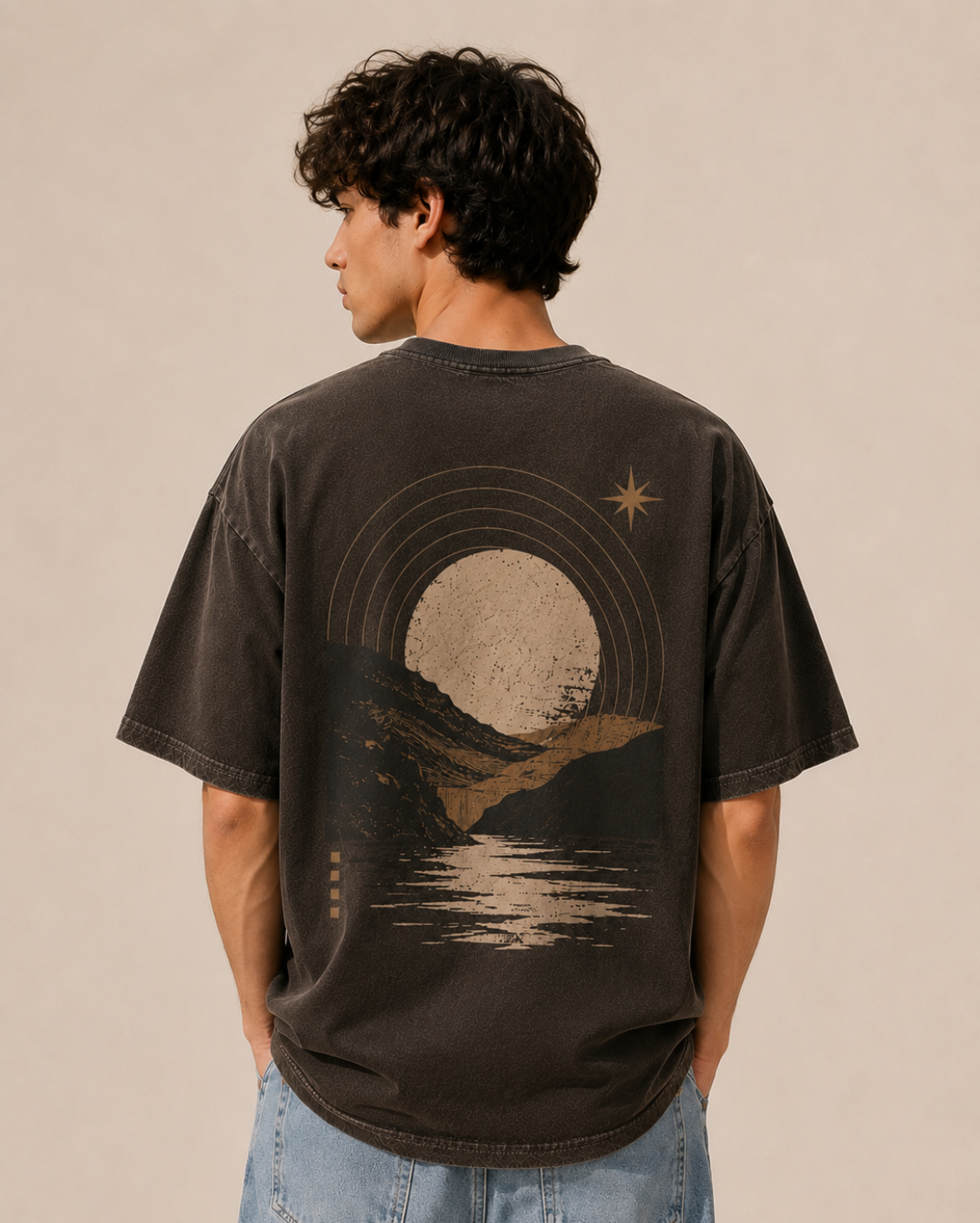 Washed black oversized t shirt with landscape artwork